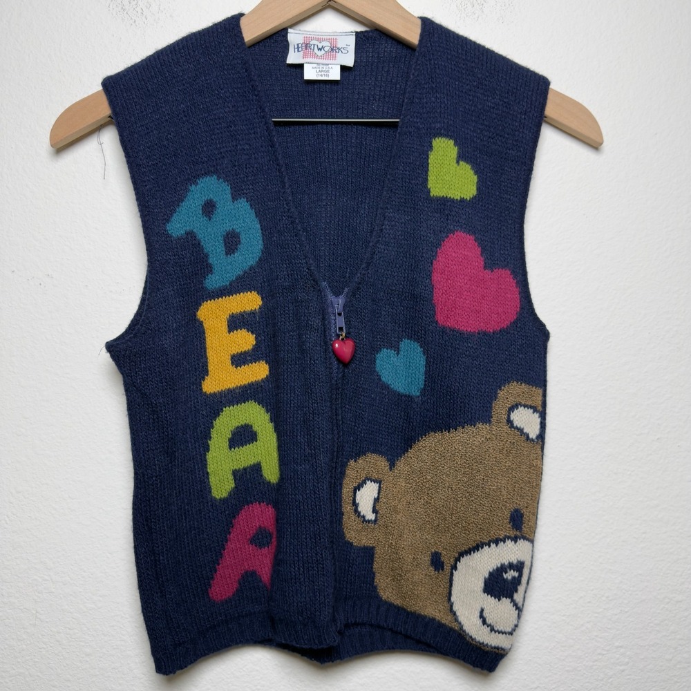 VTG Heartworks Cardigan Sweater Small Bear Full Zip Heart Waist Length‎ Kidcore